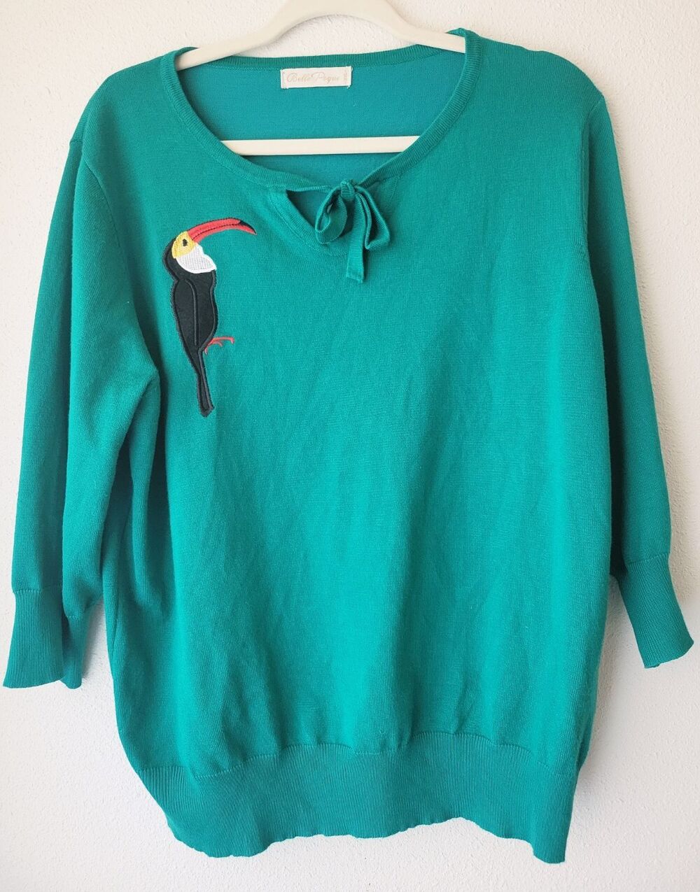 Belle Poque Toucan Sweater Women's XL Green Tie Neck 3/4 Sleeve Tropical Knit